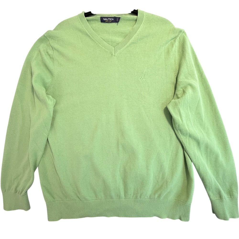 Nautica Mens V-Neck Sweater Large Lime Green 100% Cotton Knit Long Sleeve Preppy